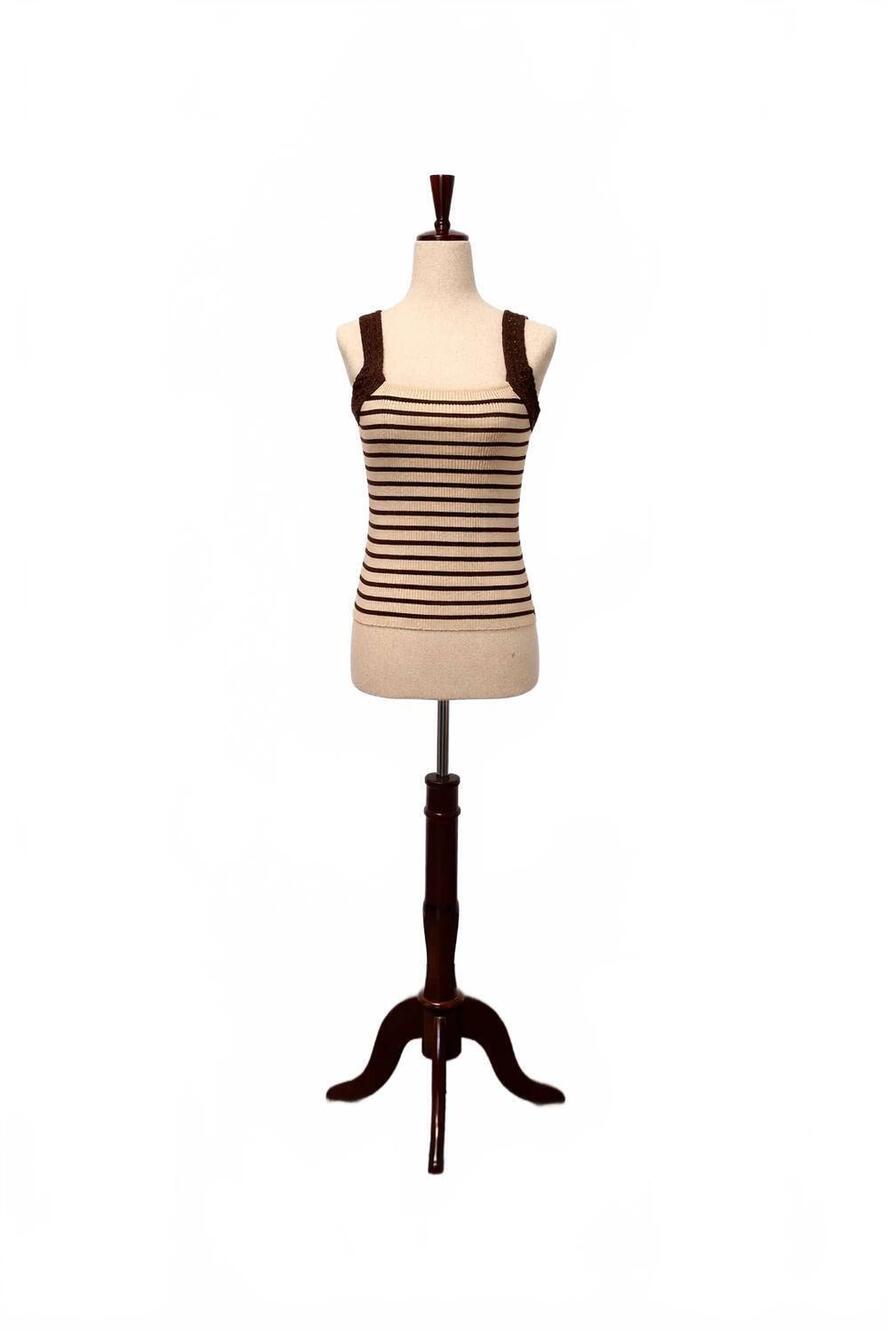 NEW VERY J women's ocean breeze crochet striped knit tank top in chocolate